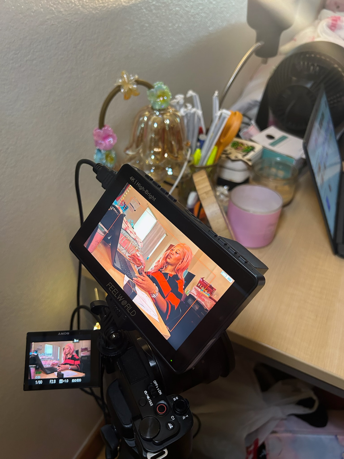 Behind the scenes — a camera rig with a FEELWORLD field monitor showing a woman with pink hair seated at a table with a laptop