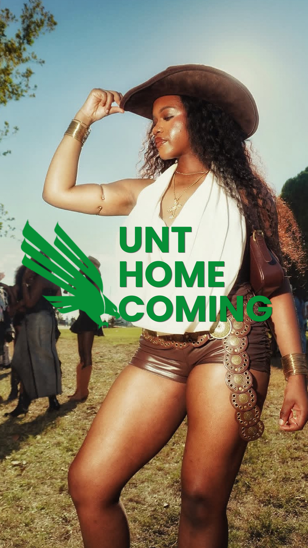 Event content reel — a young woman in a cowboy hat and Western outfit poses at an outdoor gathering beneath University of North Texas branding