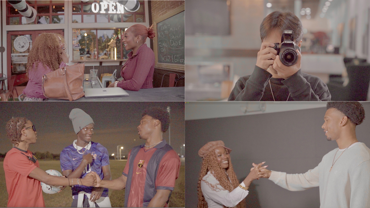 A Friend in Every Form campaign stills — four scenes of friendship: two friends laughing at a cafe window, a photographer aiming a Canon camera, three friends in soccer jerseys greeting each other at night, and two people shaking hands in a studio