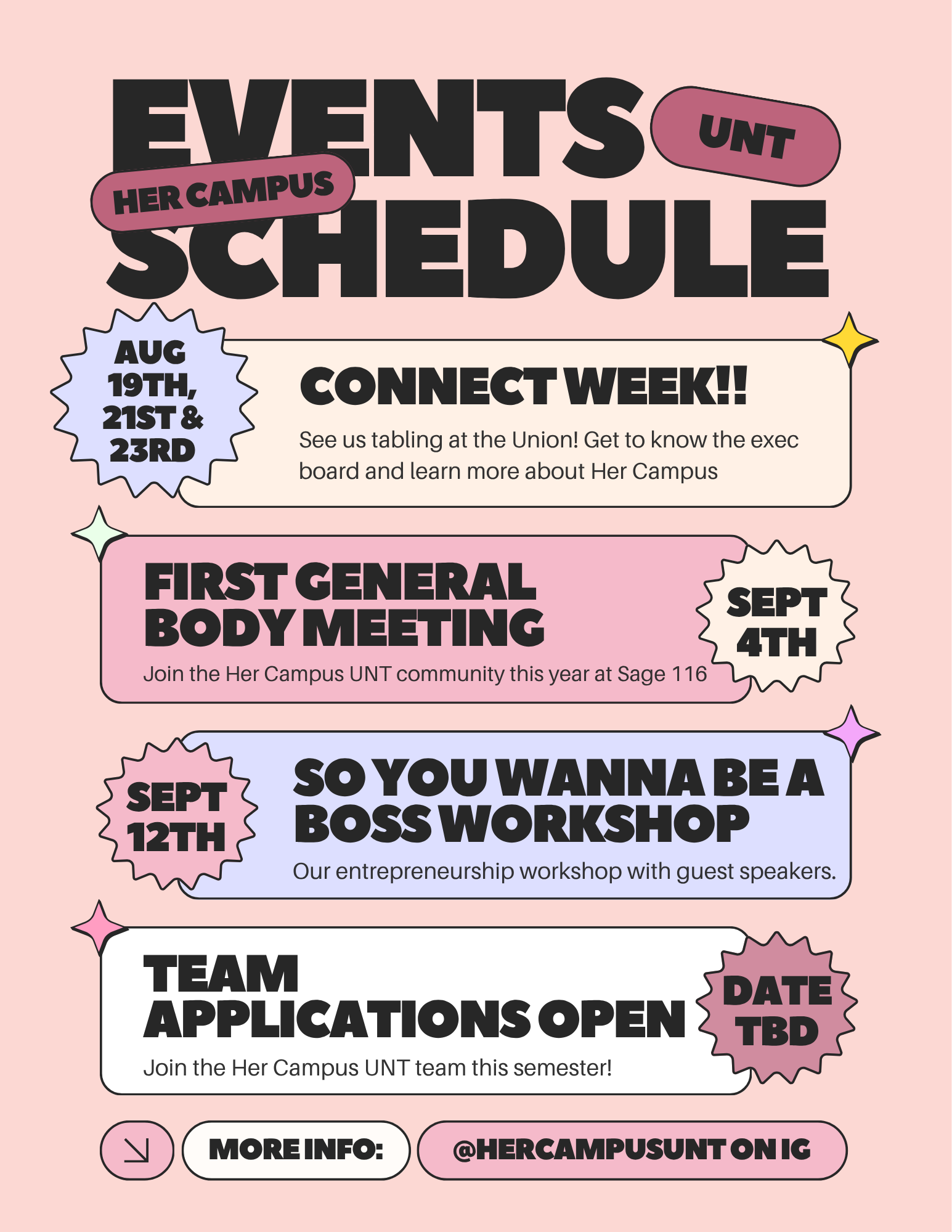 Her Campus UNT events schedule flyer on a peach background — bold black block title with tilted rose pills, four rounded event cards with starburst date badges, and a footer row pointing to @hercampusunt on Instagram
