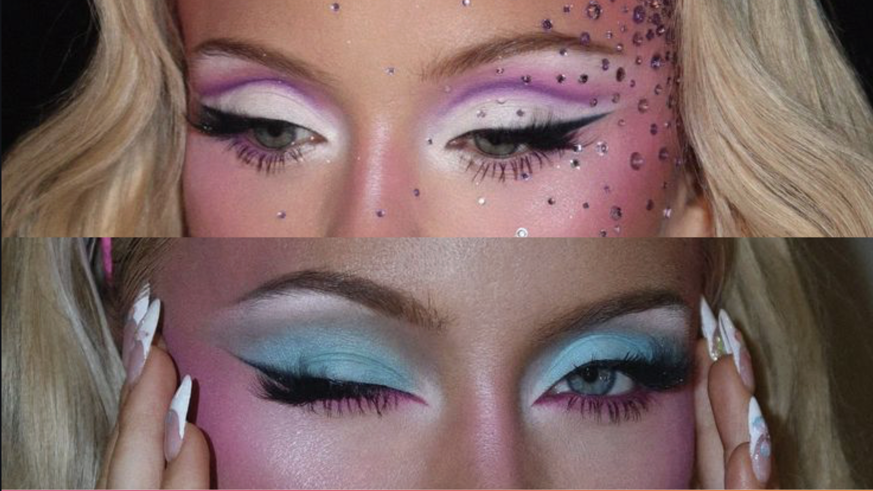 Mock marketing campaign cover — two close-up photographs of dramatic editorial makeup looks in pink, lilac and blue