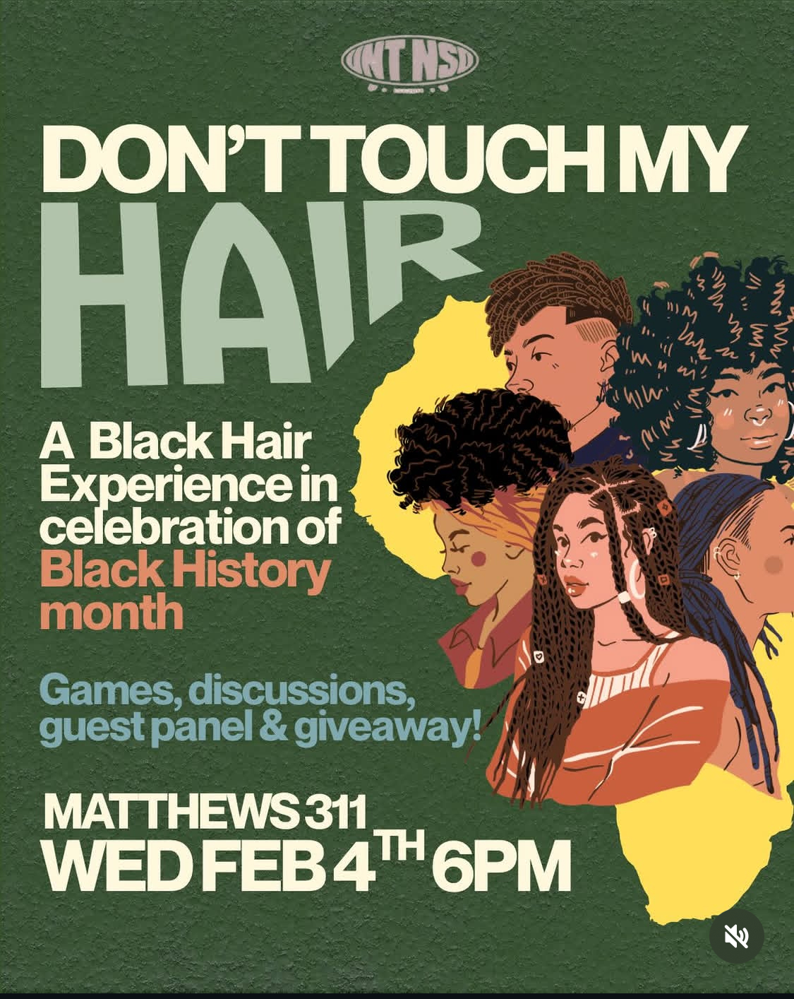 Don’t Touch My Hair event flyer — a Black hair experience celebrating Black History Month, illustrated with six people wearing diverse natural hairstyles